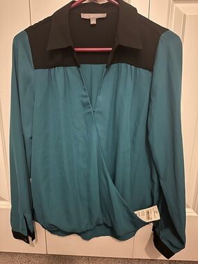 NY Collection Teal Blouse with Black Yoke and Cuffs